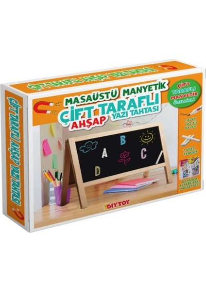Masaüstü Manyetik Çift Taraflı Ahşap Yazı Tahtası 62 Parça Alfabe ve Sayı Seti 45x40 cm