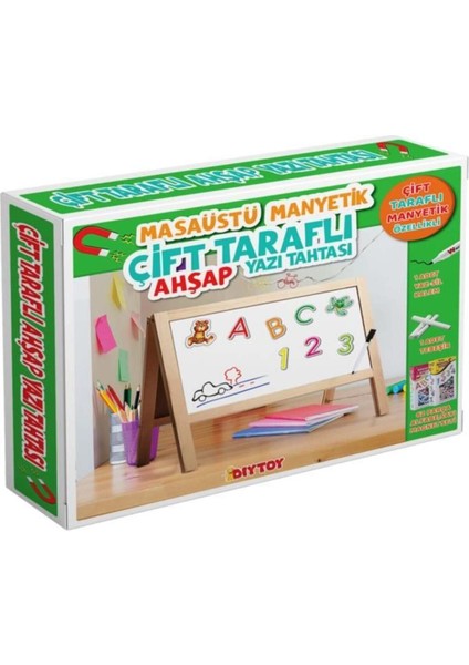 Masaüstü Manyetik Çift Taraflı Ahşap Yazı Tahtası 62 Parça Alfabe ve Sayı Seti 45x40 cm