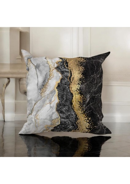 Modern Siyah Gri Mermer Tasarımlı Çift Baskılı Kırlent Kılıf