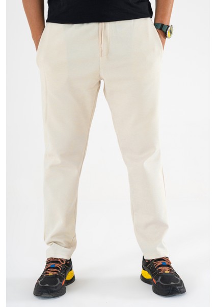 Erkek Krem Jogger Pantolon Bağcıklı Lastikli Bel Rahat Kesim Eşofman Altı