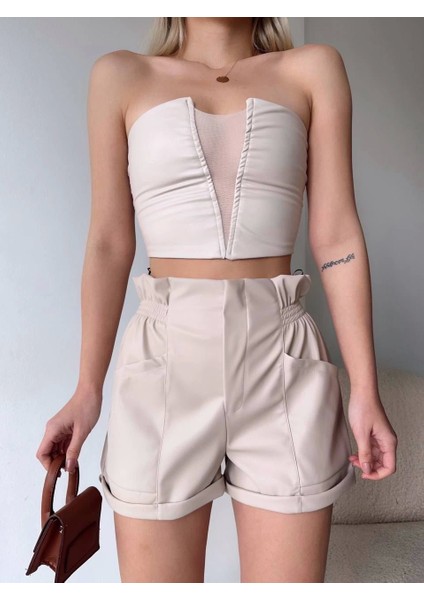 Tüllü Deri Crop Bej fırsatları