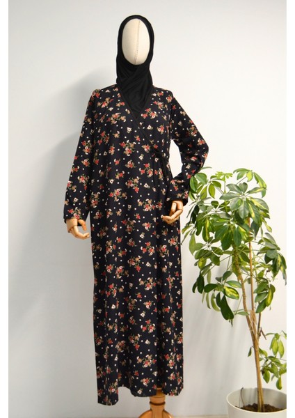 Çiçek Desenli Kruvaze Namaz Elbisesi – %100 Viskon, Yandan Bağlamalı 36-46 Beden