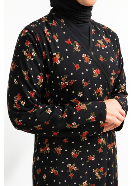 Çiçek Desenli Kruvaze Namaz Elbisesi – %100 Viskon, Yandan Bağlamalı 36-46 Beden fiyatları