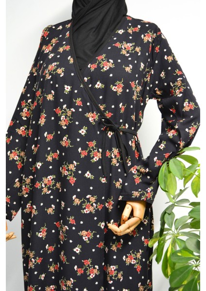 Çiçek Desenli Kruvaze Namaz Elbisesi – %100 Viskon, Yandan Bağlamalı 36-46 Beden fırsatları