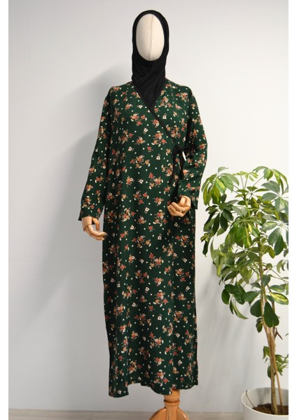 Çiçek Desenli Kruvaze Namaz Elbisesi – %100 Viskon, Yandan Bağlamalı 36-46 Beden