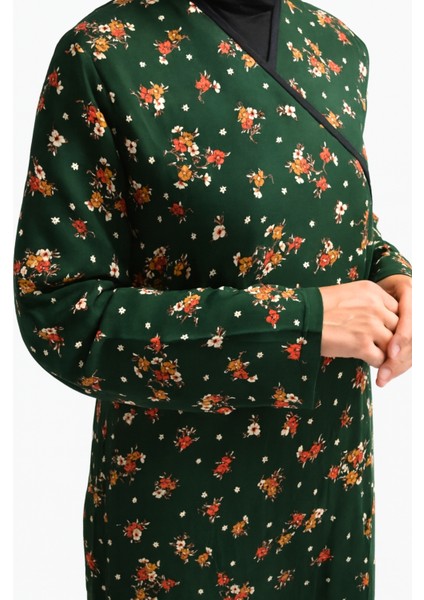 Çiçek Desenli Kruvaze Namaz Elbisesi – %100 Viskon, Yandan Bağlamalı 36-46 Beden fiyatları