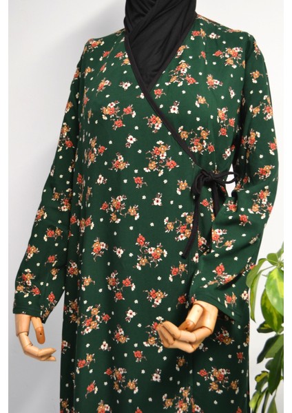 Çiçek Desenli Kruvaze Namaz Elbisesi – %100 Viskon, Yandan Bağlamalı 36-46 Beden fırsatları
