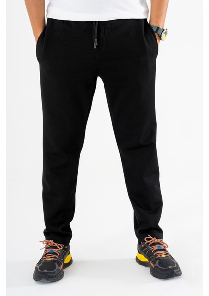 Erkek Siyah Jogger Pantolon Bağcıklı Lastikli Bel Rahat Kesim Eşofman Altı