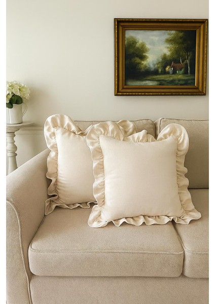 Pera 2'li Naturel Ham Keten Fırfırlı Kırlent Kılıfı-Rustik, El Dikişi, 40 x 40 cm