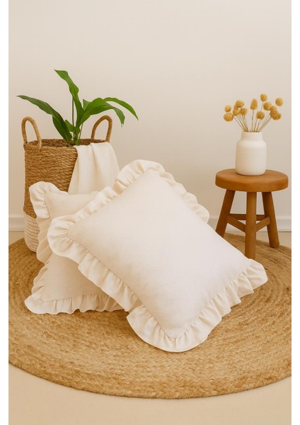 Pera 2'li Naturel Ham Keten Fırfırlı Kırlent Kılıfı-Rustik, El Dikişi, 40 x 40 cm fiyatları