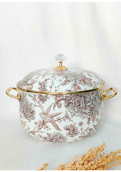 Krem Kuş Emaye Lux Tencere 5 Litre 24 cm Emaye Kapak Süt Yoğurt Güveç Tenceresi