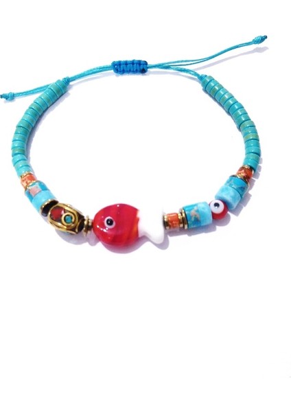 Murano Cam Balık Hematit ve Varisit Doğaltaşlı Nepal ve Nazar Boncuklu Bileklik