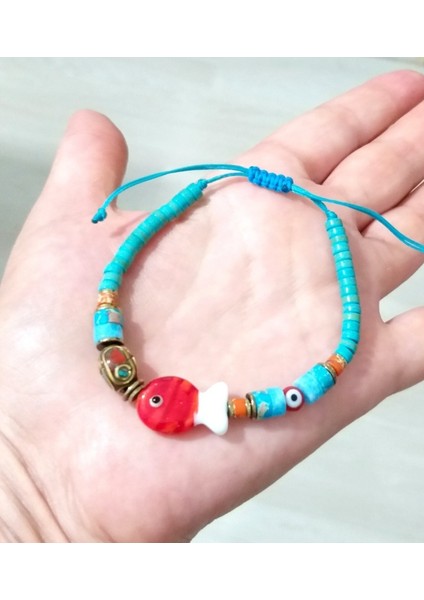 Murano Cam Balık Hematit ve Varisit Doğaltaşlı Nepal ve Nazar Boncuklu Bileklik indirimleri