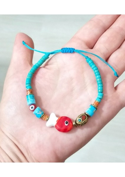 Murano Cam Balık Hematit ve Varisit Doğaltaşlı Nepal ve Nazar Boncuklu Bileklik