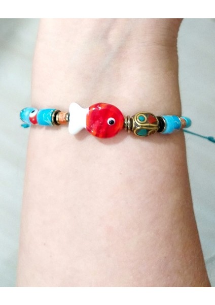 Murano Cam Balık Hematit ve Varisit Doğaltaşlı Nepal ve Nazar Boncuklu Bileklik