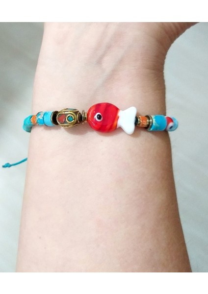 Murano Cam Balık Hematit ve Varisit Doğaltaşlı Nepal ve Nazar Boncuklu Bileklik