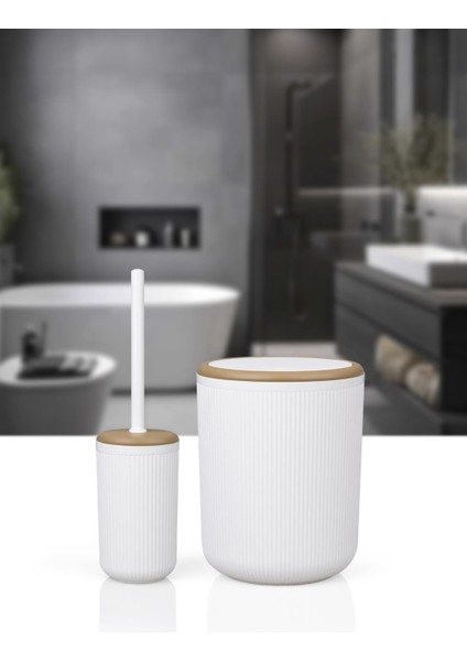 Linea Due Kırık Beyaz Çizgili Yuvarlak 2'li Wc Kova ve Fırça Seti