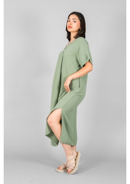Müslin Kadın V Yaka Pileli Elbise