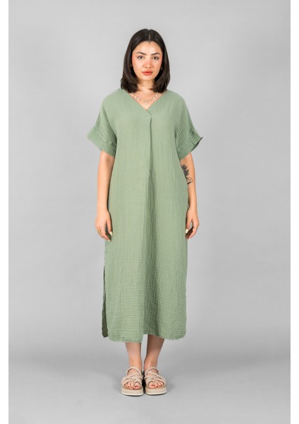 Müslin Kadın V Yaka Pileli Elbise modelleri