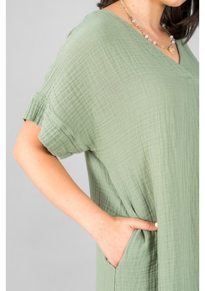 Müslin Kadın V Yaka Pileli Elbise fırsatları