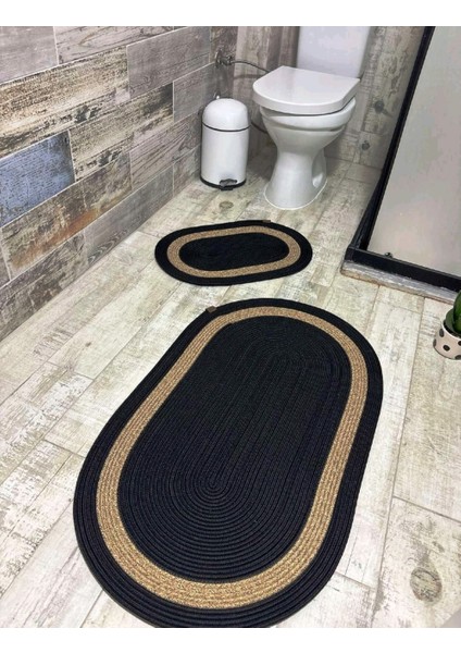 Jüt Hasır 2li Banyo Paspas Takımı-Siyah Ortası Bej