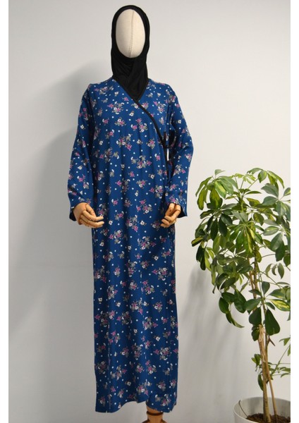 Çiçek Desenli Kruvaze Namaz Elbisesi – %100 Viskon, Yandan Bağlamalı 36-46 Beden