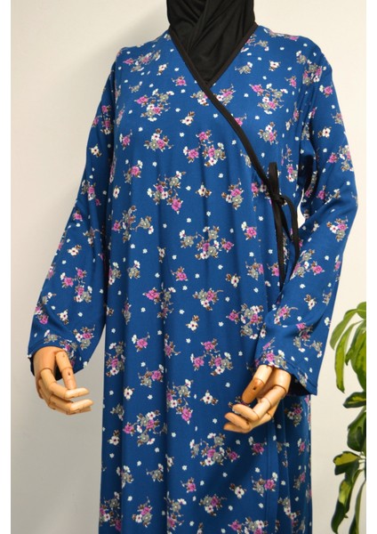 Çiçek Desenli Kruvaze Namaz Elbisesi – %100 Viskon, Yandan Bağlamalı 36-46 Beden modelleri