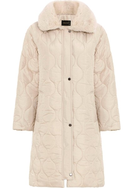 Yakası Kürklü Çıkabilir Kapüşonlu Fermuar Kapamalı Kapitone Mont Bej 6784