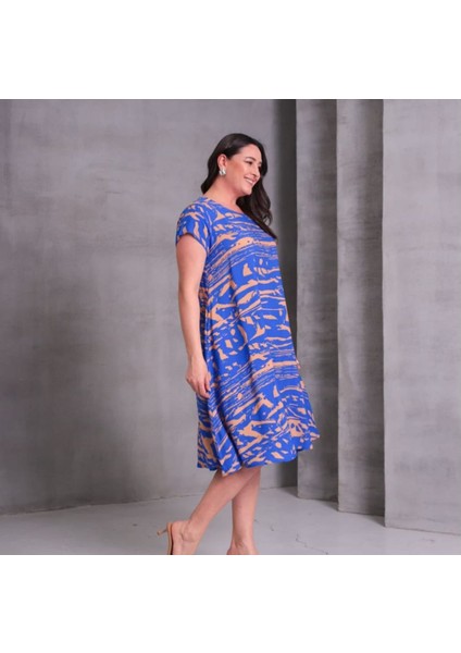 Kadın Büyük Beden Yuvarlak Yaka Desenli Pamuk Elbise