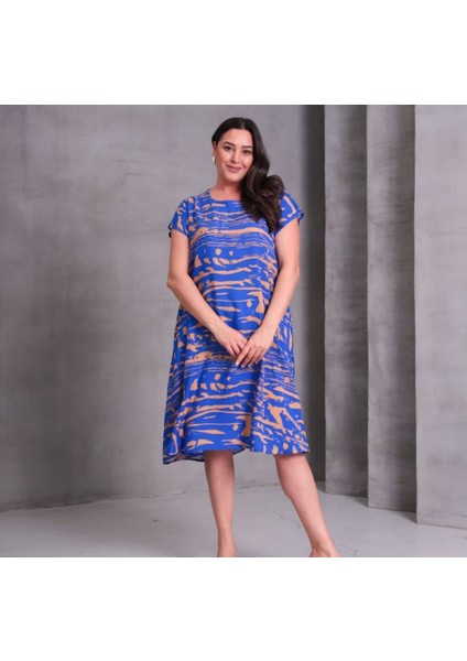 Kadın Büyük Beden Yuvarlak Yaka Desenli Pamuk Elbise fiyatları