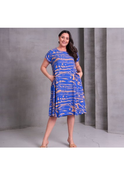 Kadın Büyük Beden Yuvarlak Yaka Desenli Pamuk Elbise fırsatları