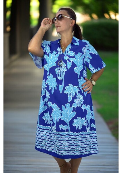 Palmiye Desenli Polo Yaka Kısa Kol Rahat Kesim Ara Boy Pamuklu Viskon Büyük Beden Elbise modelleri