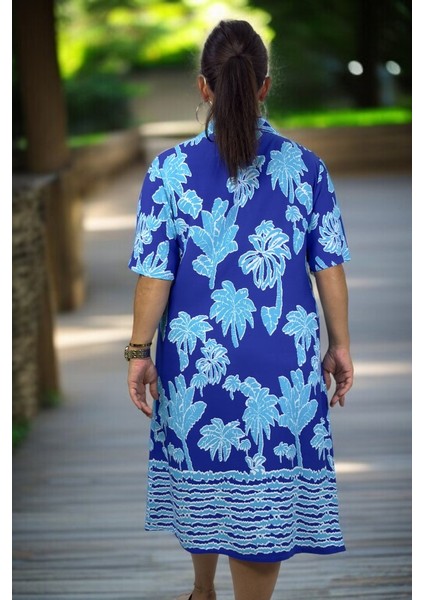 Palmiye Desenli Polo Yaka Kısa Kol Rahat Kesim Ara Boy Pamuklu Viskon Büyük Beden Elbise fırsatları