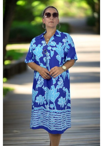 Palmiye Desenli Polo Yaka Kısa Kol Rahat Kesim Ara Boy Pamuklu Viskon Büyük Beden Elbise indirimleri