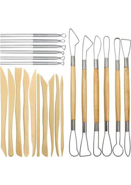 Çömlekçilik Kil Şekillendirme Aletleri, 22 Adet Ahşap Saplı Çömlekçilik Oyma Aletleri ve Metal Kazıyıcı ve Plastik Kil Şekillendirme Aletleri (Yurt Dışından)