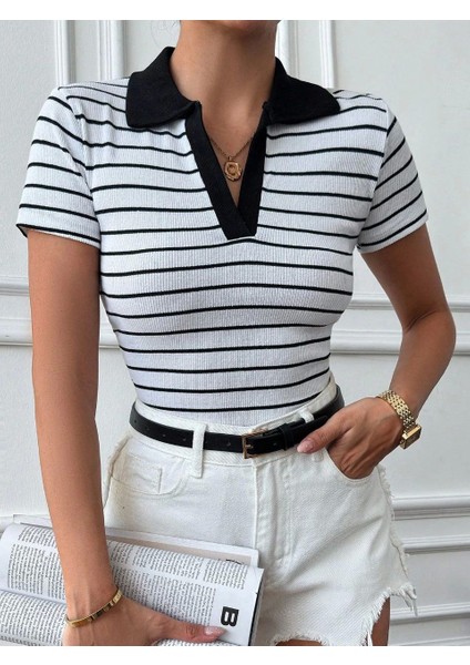 Polo Yaka Garnili Bluz Beyaz Siyah fiyatları