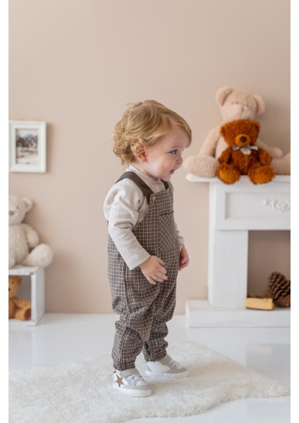Erkek Bebek Ekose Desen Salopet ve T-Shirt Takım - Kahve