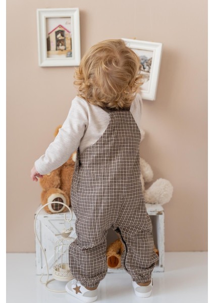 Erkek Bebek Ekose Desen Salopet ve T-Shirt Takım - Kahve fiyatları