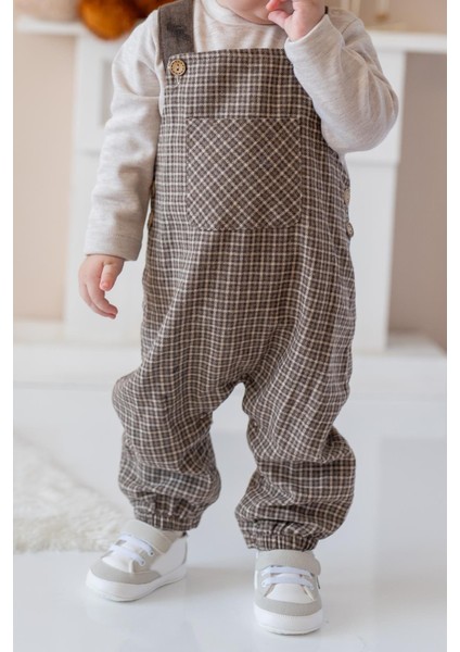 Erkek Bebek Ekose Desen Salopet ve T-Shirt Takım - Kahve modelleri