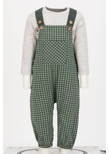 Erkek Bebek Ekose Desen Salopet ve T-Shirt Takım - Haki