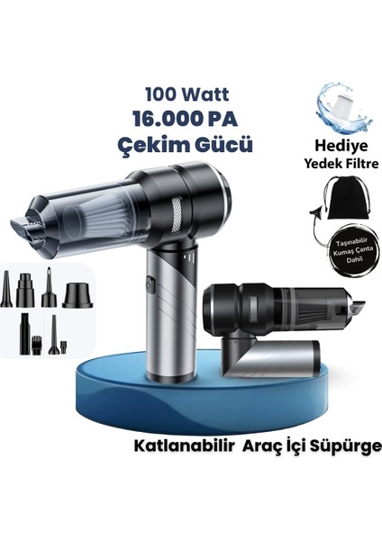 Yeni 16000PA Güçlü Portatif Vakumlu ve Üflemeli Katlanabilir Araç Içi Süpürge Pro HL-121