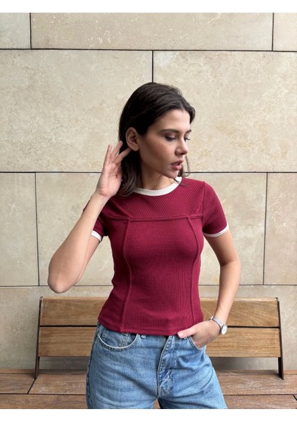 Ön Parçalı Kaşkorse Dokuma Pamuk Kumaş Kadın Bordo Bluz