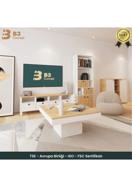 Nort Iı Serisi Modern Dekoratif Kare Salon Orta Sehpa Safir Meşe & Beyaz