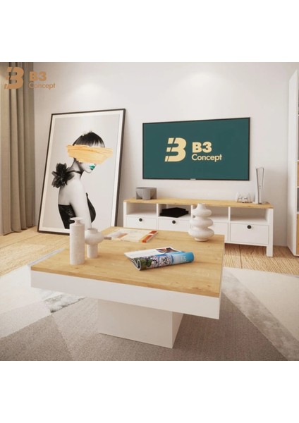 Nort Iı Serisi Modern Dekoratif Kare Salon Orta Sehpa Safir Meşe & Beyaz