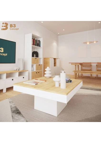 Nort Iı Serisi Modern Dekoratif Kare Salon Orta Sehpa Safir Meşe & Beyaz