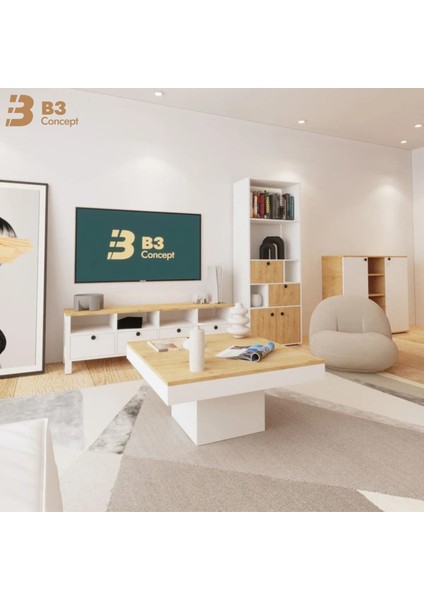 Nort Iı Serisi Modern Dekoratif Kare Salon Orta Sehpa Safir Meşe & Beyaz