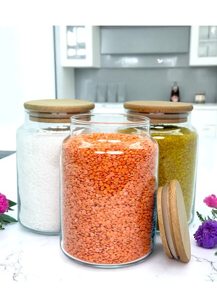 3'lü Ahşap Vakum Kapaklı 800 ml Cam Bakliyat Saklama Kavanozu Seti