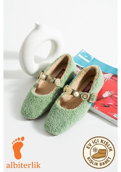 Kadın Kışlık Taşlı Tokalı Peluş Yünlü Ev Babet Çeyiz Bohça Pofuduk Ev Içi Dış Mekan Babet