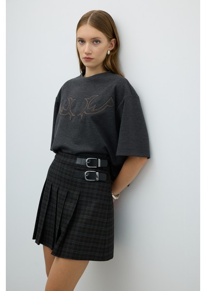 Süs Tokalı Pileli Mini Etek Antrasit K2615001_046 modelleri