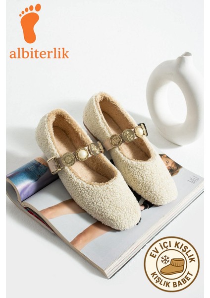 Kadın Kışlık Taşlı Tokalı Peluş Yünlü Ev Babet Çeyiz Bohça Pofuduk Ev Içi Dış Mekan Babet